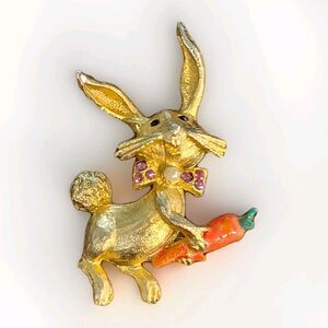 Vintage Mylu Easter Bunny Rabbit w Carrot Enamel Rhinestone Brushed Gold